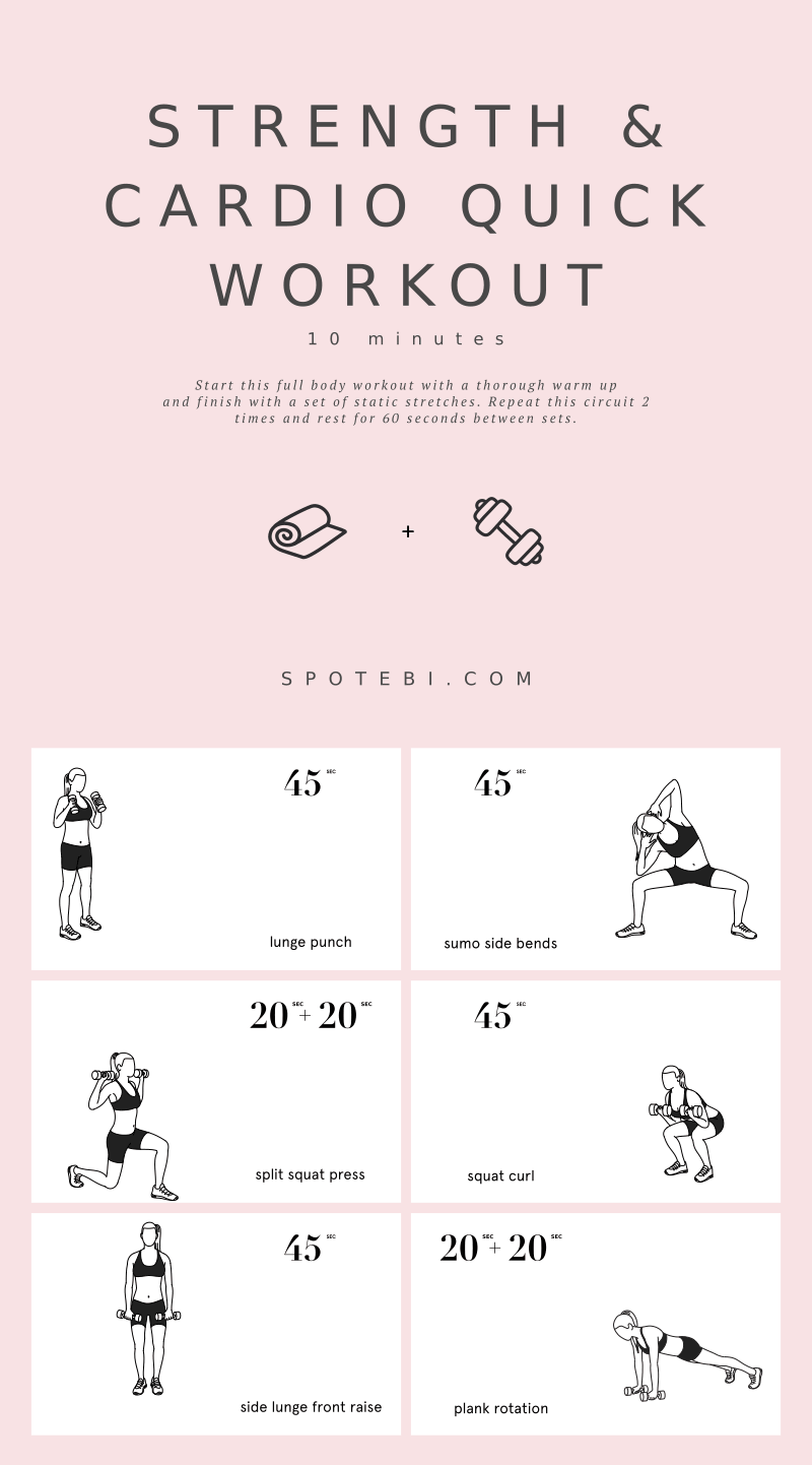 This Strength & Cardio Quick Workout is a 10-minute routine that includes six compound moves, where you’ll be working more than one muscle group at the same time! https://www.spotebi.com/workout-routines/strength-cardio-quick-workout/