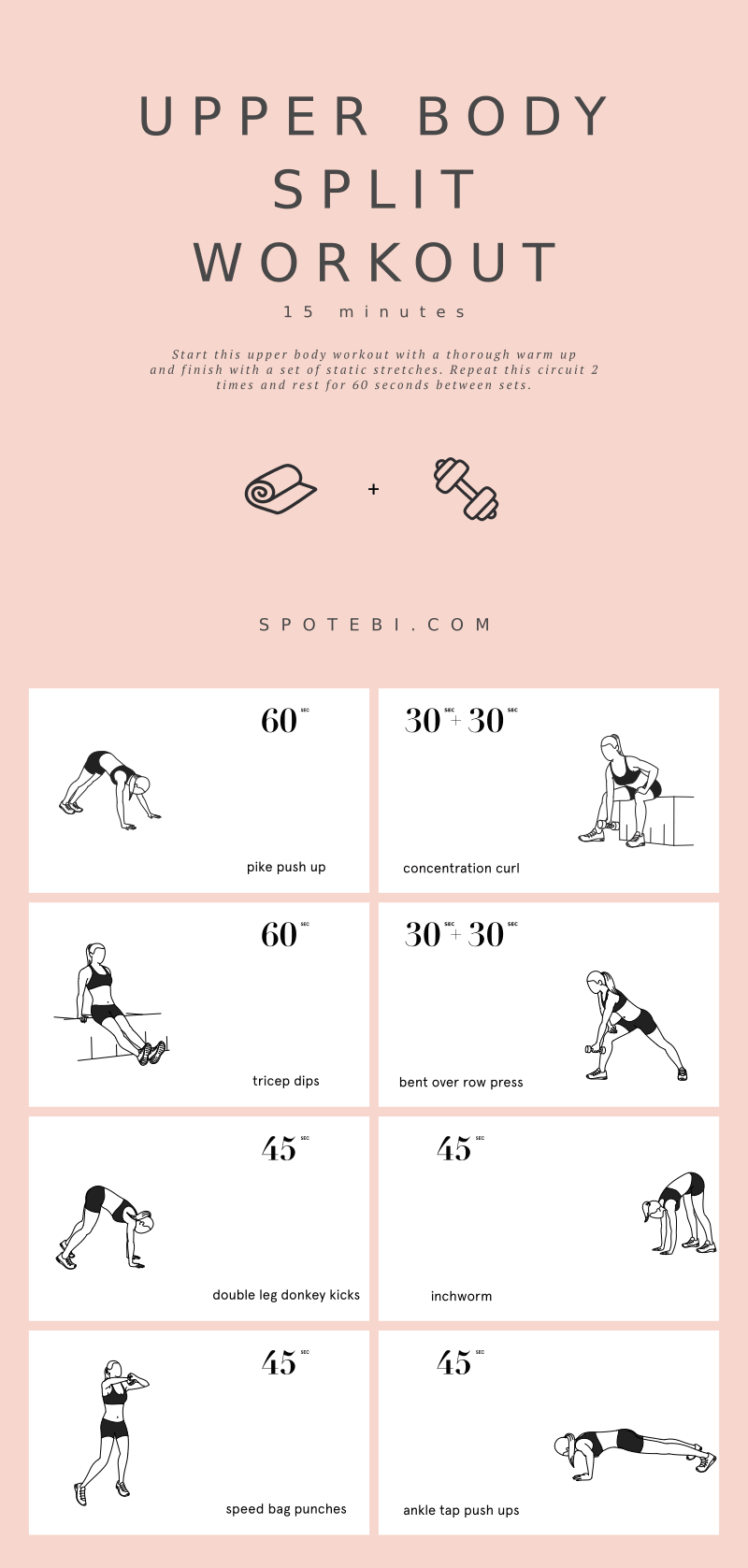 Who's ready to burn major calories while toning your whole upper body?! This quick 15-minute Upper Body Split Workout targets your arms, shoulders, upper back, and chest and helps you burn tons of calories. https://www.spotebi.com/workout-routines/15-minute-upper-body-split-workout/
