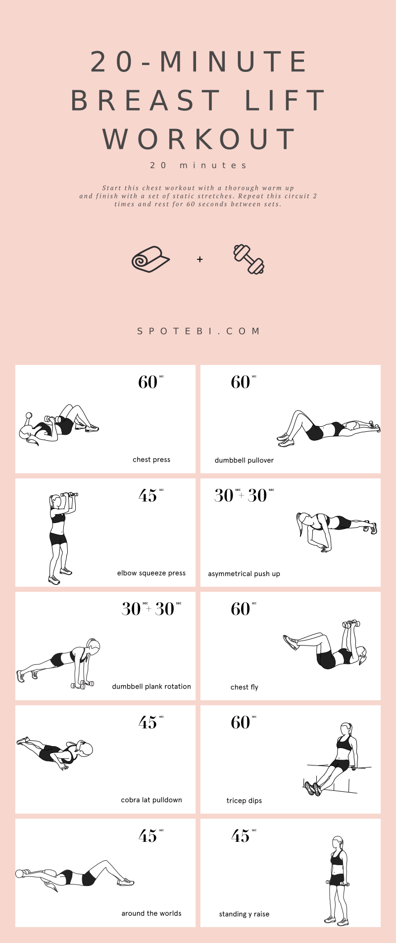 While exercise can't affect the shape of your breasts, doing the right moves can strengthen the muscles beneath them, called the pectorals. This 20-Minute Breast Lift Workout includes the best exercises to promote firmness and perkiness and give you a lifted appearance! https://www.spotebi.com/workout-routines/20-minute-breast-lift-workout/