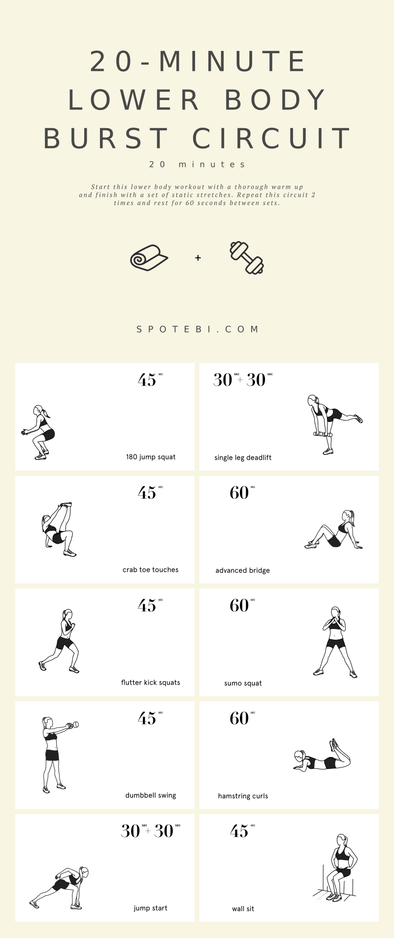 This 20-Minute Lower Body Burst Circuit requires you to exercise close to your maximum heart rate for 45-60 seconds, followed by 45-60 seconds of lower intensity exercising. https://www.spotebi.com/workout-routines/20-minute-lower-body-burst-circuit/
