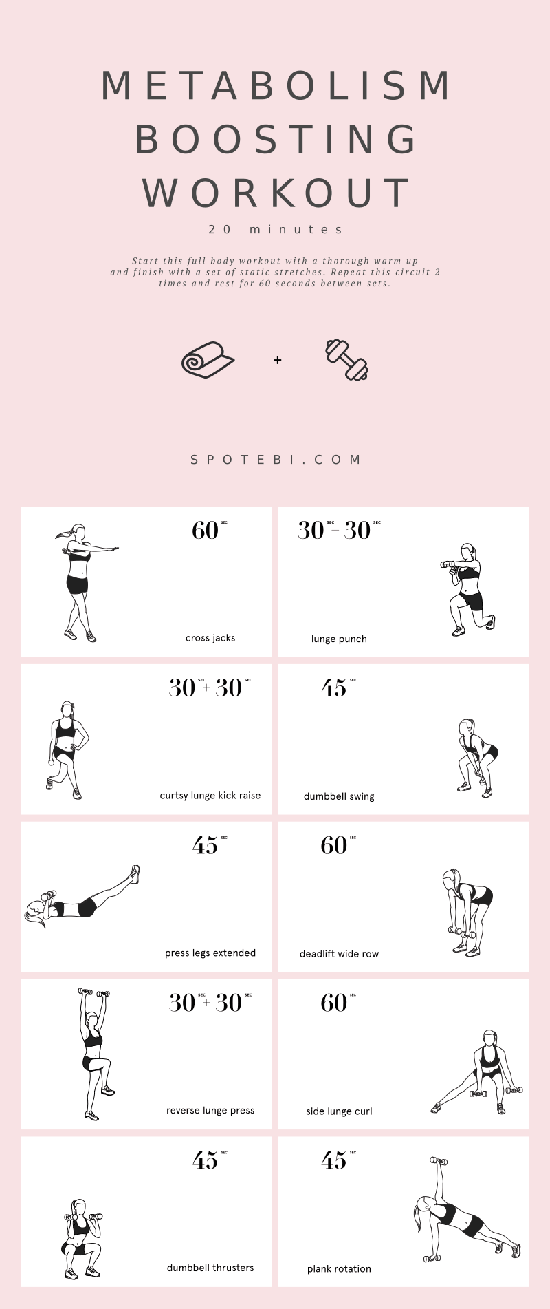 The secret to burning calories and ultimately losing weight is to maximize the efficiency of your energy systems. This 20-Minute Metabolism Boosting Workout is designed to help you do just that! https://www.spotebi.com/workout-routines/20-minute-metabolism-boosting-workout/