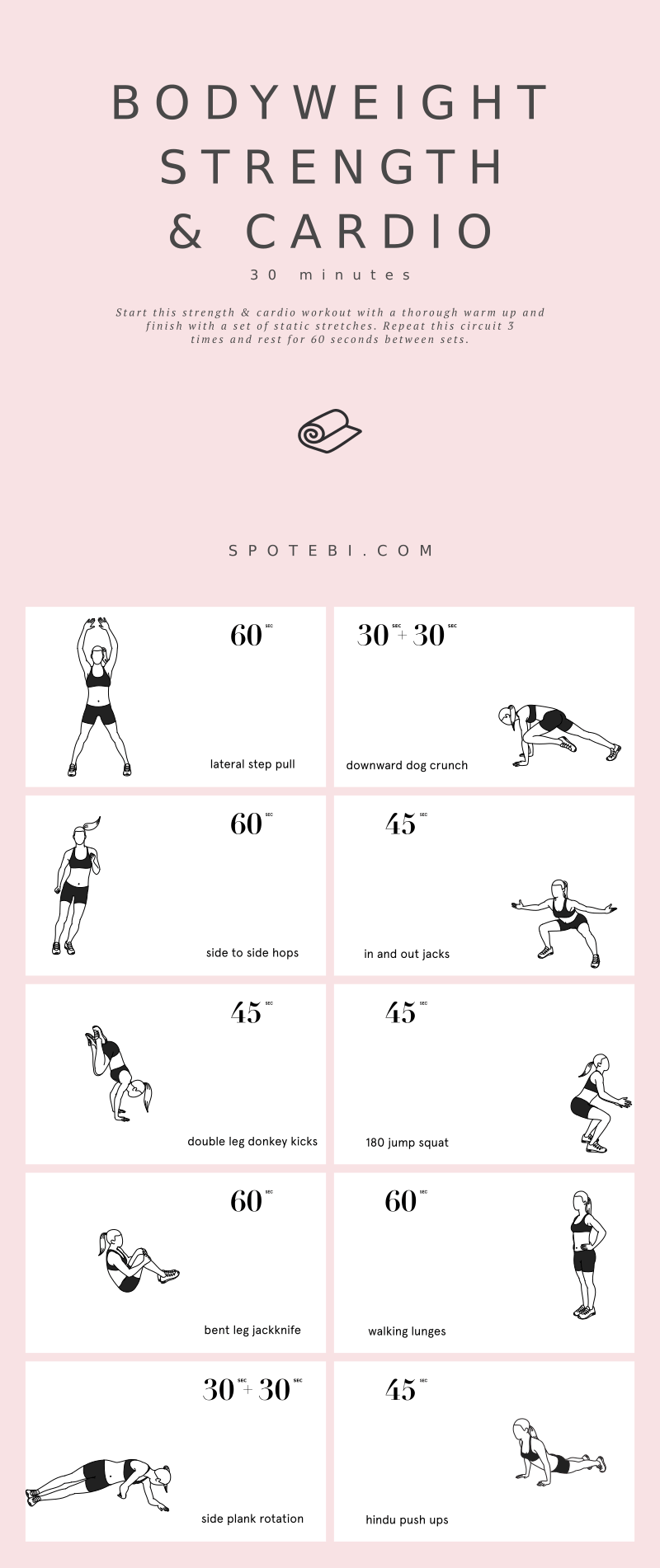 Strengthen your whole body, reduce stress, and boost your calorie burn at home with this strength and cardio bodyweight routine for women. If you're bored with your workouts, or just want to mix things up, this no-equipment circuit is a perfect choice! https://www.spotebi.com/workout-routines/strength-cardio-bodyweight-routine/
