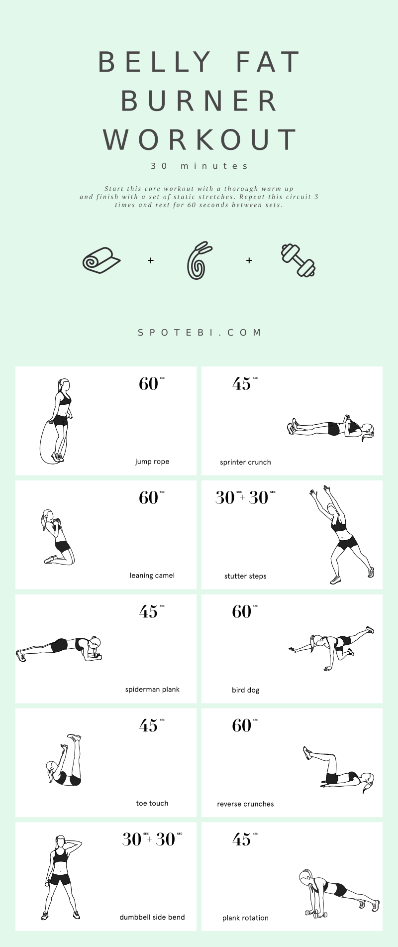 Flatten your abs and blast calories with these 10 moves! A belly fat burner workout to tone up your tummy, strengthen your core, and get rid of love handles. Keep to this routine and get the flat, firm belly you always wanted! https://www.spotebi.com/workout-routines/belly-fat-burner-workout-for-women/