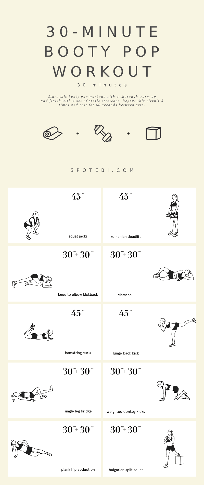 This intense 30-minute booty pop workout for women will bring your muscles to full fatigue while keeping your heart rate up! https://www.spotebi.com/workout-routines/booty-pop-workout-bikini-body-sequence/