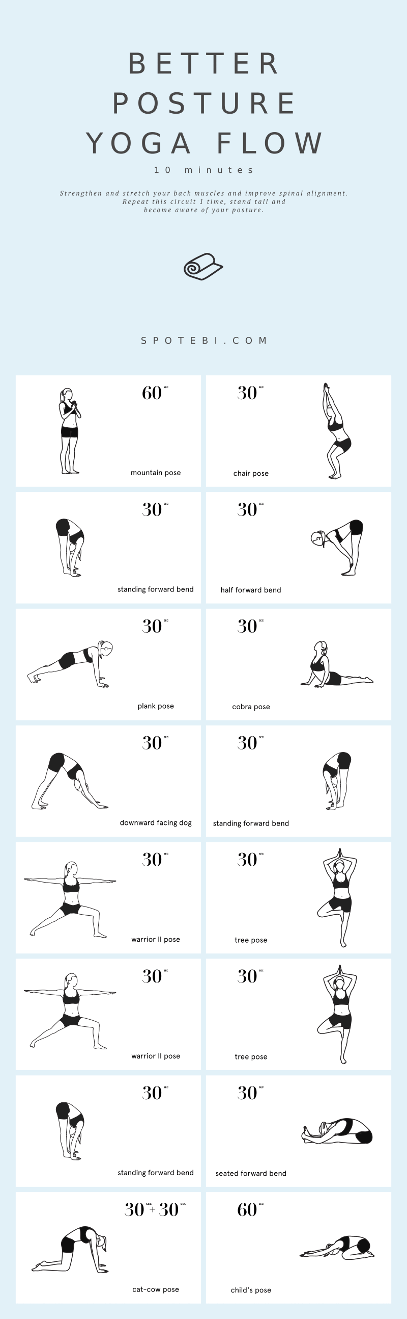 Try these yoga corrective poses to strengthen and stretch your back muscles and improve spinal alignment! This 10-minute yoga flow is designed to help you stand tall and become aware of your posture. https://www.spotebi.com/yoga-sequences/better-posture/