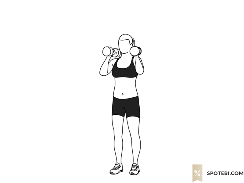 Dumbbell push press exercise guide with instructions, demonstration, calories burned and muscles worked. Learn proper form, discover all health benefits and choose a workout. https://www.spotebi.com/exercise-guide/dumbbell-push-press/