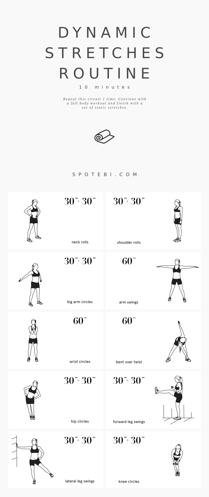 Increase your flexibility with this set of dynamic stretching exercises. A 10 minute routine for women with music playlist, calorie calculator and timer. https://www.spotebi.com/workout-routines/flexibility-exercises-dynamic-stretching-routine-for-women/