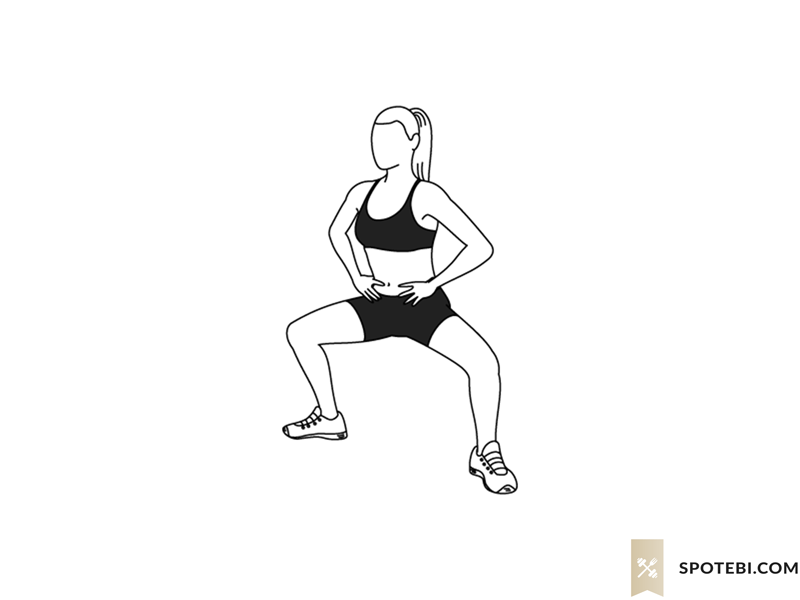 Plie squat calf raise exercise guide with instructions, demonstration, calories burned and muscles worked. Learn proper form, discover all health benefits and choose a workout. https://www.spotebi.com/exercise-guide/plie-squat-calf-raise/
