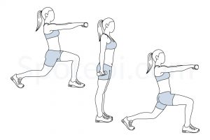 Alternating lunge front raise exercise guide with instructions, demonstration, calories burned and muscles worked. Learn proper form, discover all health benefits and choose a workout. https://www.spotebi.com/exercise-guide/alternating-lunge-front-raise/