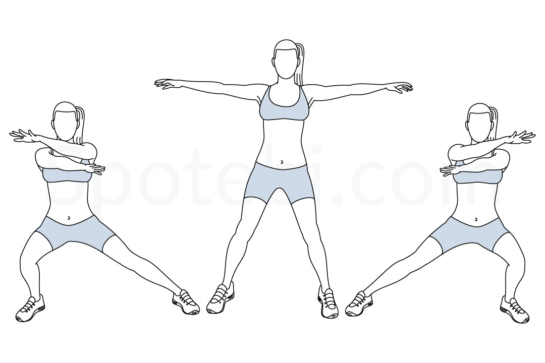 Arms cross side lunge exercise guide with instructions, demonstration, calories burned and muscles worked. Learn proper form, discover all health benefits and choose a workout. https://www.spotebi.com/exercise-guide/arms-cross-side-lunge/
