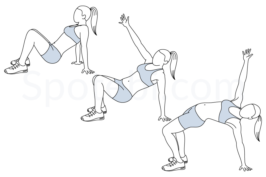 Bridge and twist exercise guide with instructions, demonstration, calories burned and muscles worked. Learn proper form, discover all health benefits and choose a workout. https://www.spotebi.com/exercise-guide/bridge-and-twist/