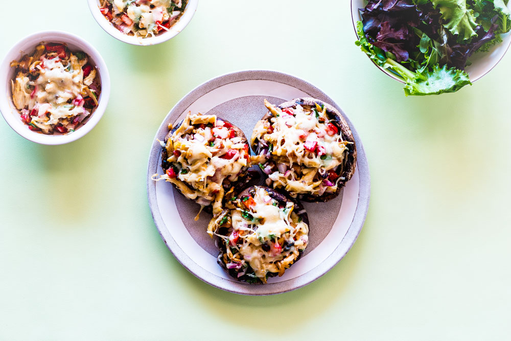 This Chicken Cheddar Stuffed Portobello Mushrooms recipe is very low in carbs and wheat-free, making it perfect for keto and gluten-free diets! https://www.spotebi.com/recipes/chicken-cheddar-stuffed-portobello-mushrooms/