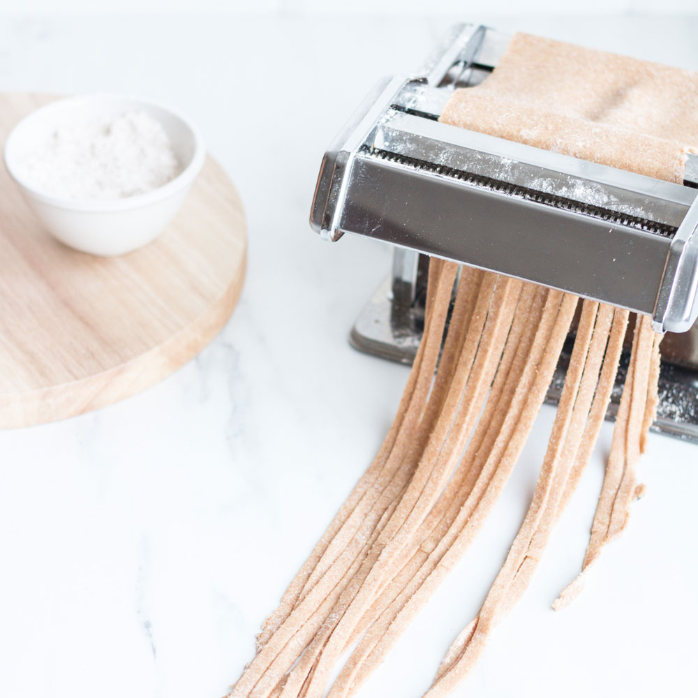 Chickpea & Spelt Fresh Pasta with Homemade Pesto Sauce Recipe: Easy, High-Protein pasta served with ripe cherry tomatoes, basil, and walnut pesto! https://www.spotebi.com/recipes/chickpea-spelt-fresh-pasta-homemade-pesto-sauce/