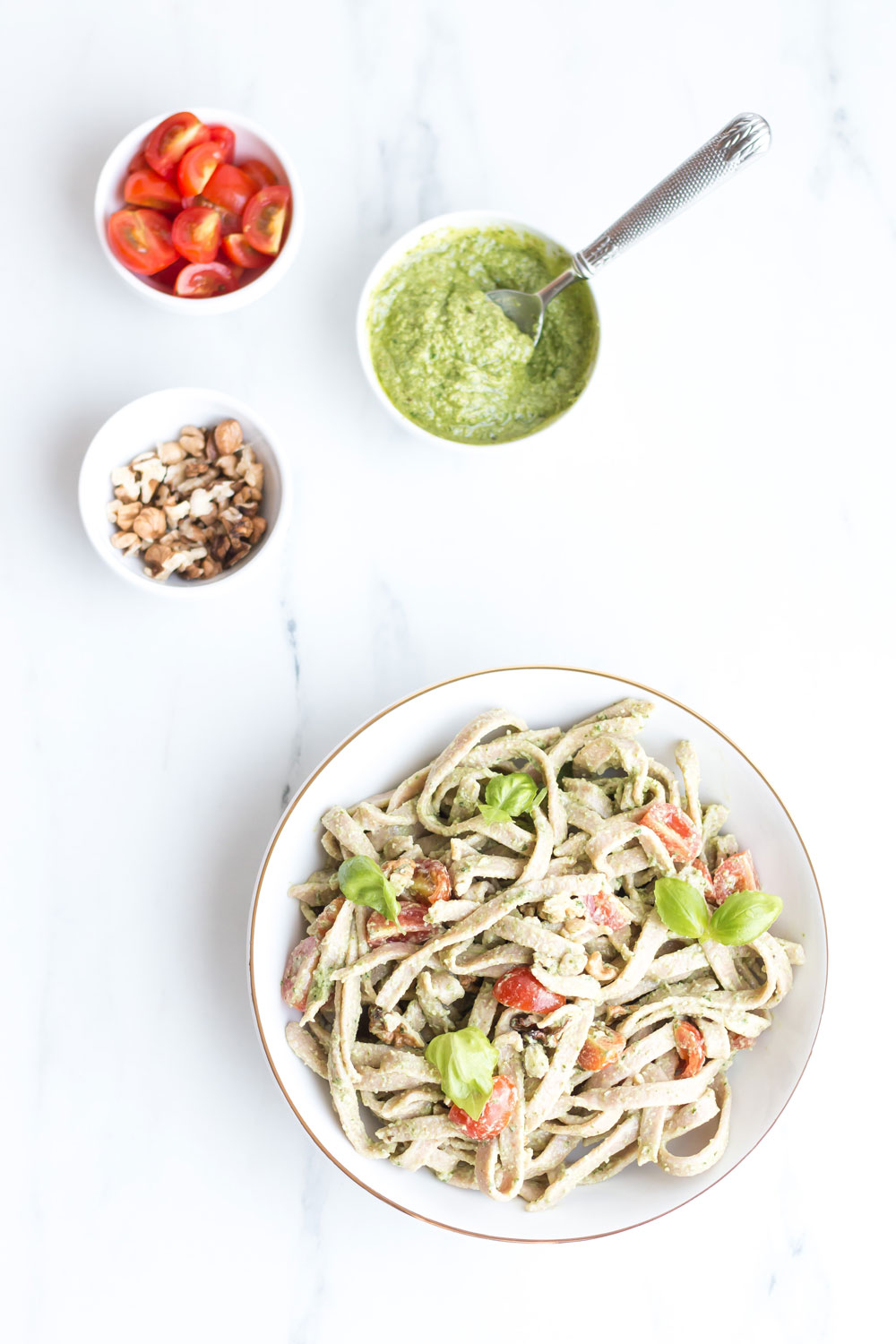 Chickpea & Spelt Fresh Pasta with Homemade Pesto Sauce Recipe: Easy, High-Protein pasta served with ripe cherry tomatoes, basil, and walnut pesto! https://www.spotebi.com/recipes/chickpea-spelt-fresh-pasta-homemade-pesto-sauce/