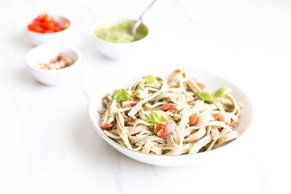 Chickpea & Spelt Fresh Pasta with Homemade Pesto Sauce Recipe: Easy, High-Protein pasta served with ripe cherry tomatoes, basil, and walnut pesto! https://www.spotebi.com/recipes/chickpea-spelt-fresh-pasta-homemade-pesto-sauce/