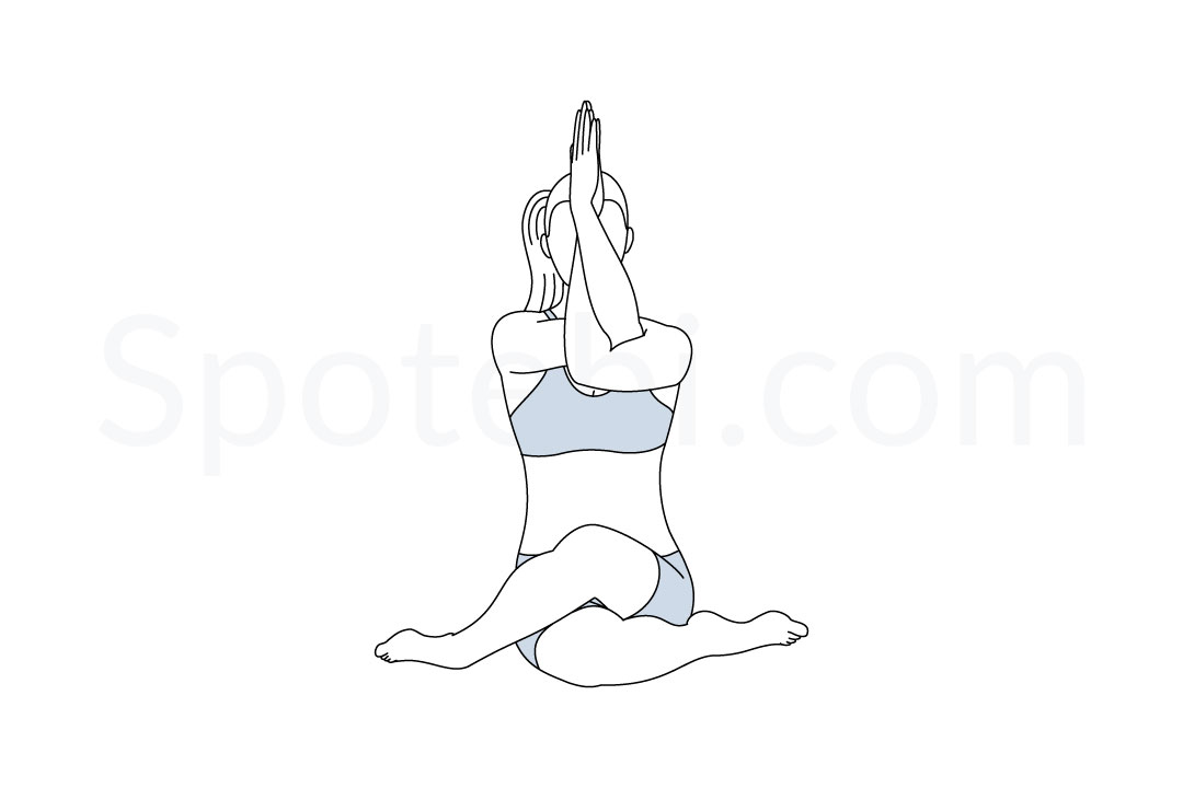 Cow face pose with eagle arms (Gomukhasana Garudasana) instructions, illustration, and mindfulness practice. Learn about preparatory, complementary and follow-up poses, and discover all health benefits. https://www.spotebi.com/exercise-guide/cow-face-pose-eagle-arms/