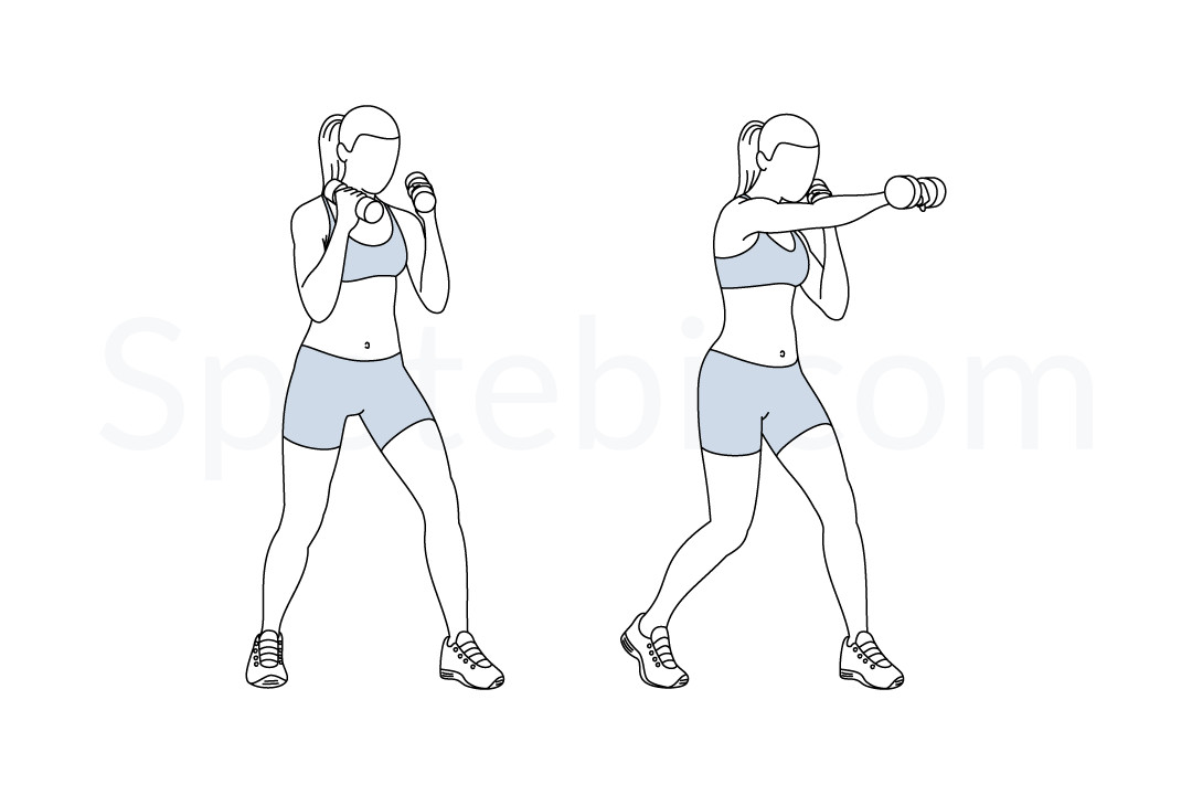 Dumbbell punches exercise guide with instructions, demonstration, calories burned and muscles worked. Learn proper form, discover all health benefits and choose a workout. https://www.spotebi.com/exercise-guide/dumbbell-punches/