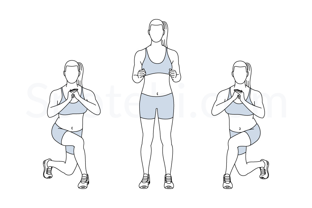 Curtsy lunge exercise guide with instructions, demonstration, calories burned and muscles worked. Learn proper form, discover all health benefits and choose a workout. https://www.spotebi.com/exercise-guide/curtsy-lunge/