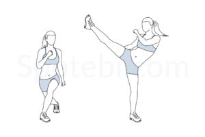 Curtsy lunge side kick exercise guide with instructions, demonstration, calories burned and muscles worked. Learn proper form, discover all health benefits and choose a workout. https://www.spotebi.com/exercise-guide/curtsy-lunge-side-kick/