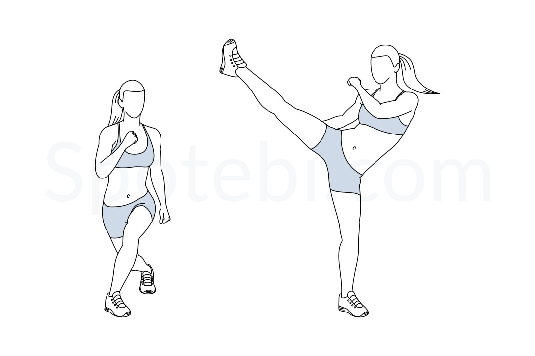 Curtsy lunge side kick exercise guide with instructions, demonstration, calories burned and muscles worked. Learn proper form, discover all health benefits and choose a workout. https://www.spotebi.com/exercise-guide/curtsy-lunge-side-kick/