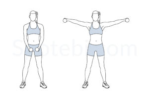 Dumbbell lateral raise exercise guide with instructions, demonstration, calories burned and muscles worked. Learn proper form, discover all health benefits and choose a workout. https://www.spotebi.com/exercise-guide/dumbbell-lateral-raise/