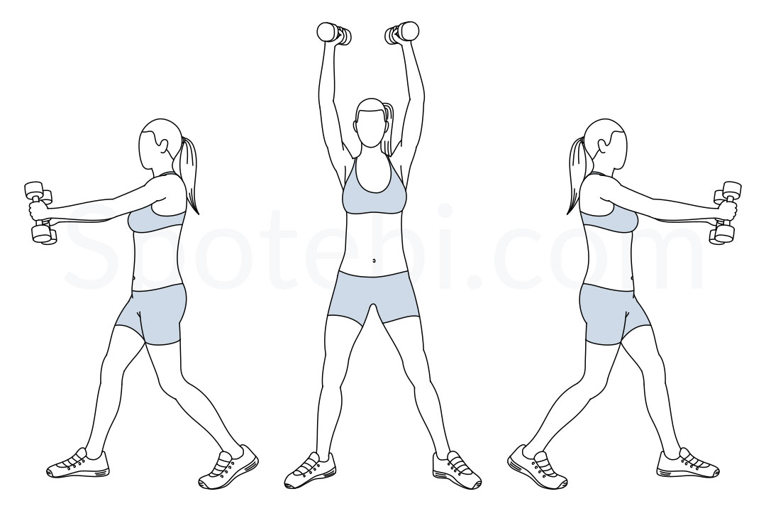Dumbbell overhead rainbow exercise guide with instructions, demonstration, calories burned and muscles worked. Learn proper form, discover all health benefits and choose a workout. https://www.spotebi.com/exercise-guide/dumbbell-overhead-rainbow/