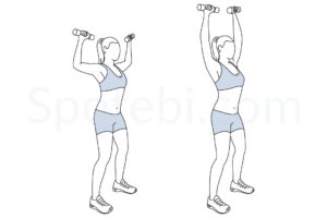 Dumbbell shoulder press exercise guide with instructions, demonstration, calories burned and muscles worked. Learn proper form, discover all health benefits and choose a workout. https://www.spotebi.com/exercise-guide/dumbbell-shoulder-press/