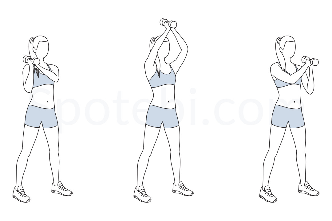Dumbbell shoulder to shoulder press exercise guide with instructions, demonstration, calories burned and muscles worked. Learn proper form, discover all health benefits and choose a workout. https://www.spotebi.com/exercise-guide/dumbbell-shoulder-to-shoulder-press/