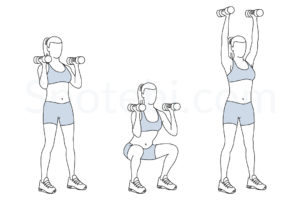 Dumbbell thrusters exercise guide with instructions, demonstration, calories burned and muscles worked. Learn proper form, discover all health benefits and choose a workout. https://www.spotebi.com/exercise-guide/dumbbell-thrusters/