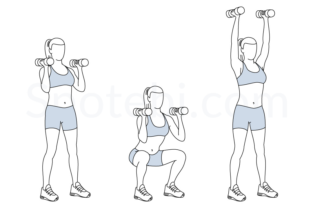 Dumbbell thrusters exercise guide with instructions, demonstration, calories burned and muscles worked. Learn proper form, discover all health benefits and choose a workout. https://www.spotebi.com/exercise-guide/dumbbell-thrusters/