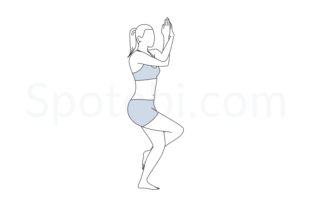 Eagle pose (Garudasana) instructions, illustration and mindfulness practice. Learn about preparatory, complementary and follow-up poses, and discover all health benefits. https://www.spotebi.com/exercise-guide/eagle-pose/