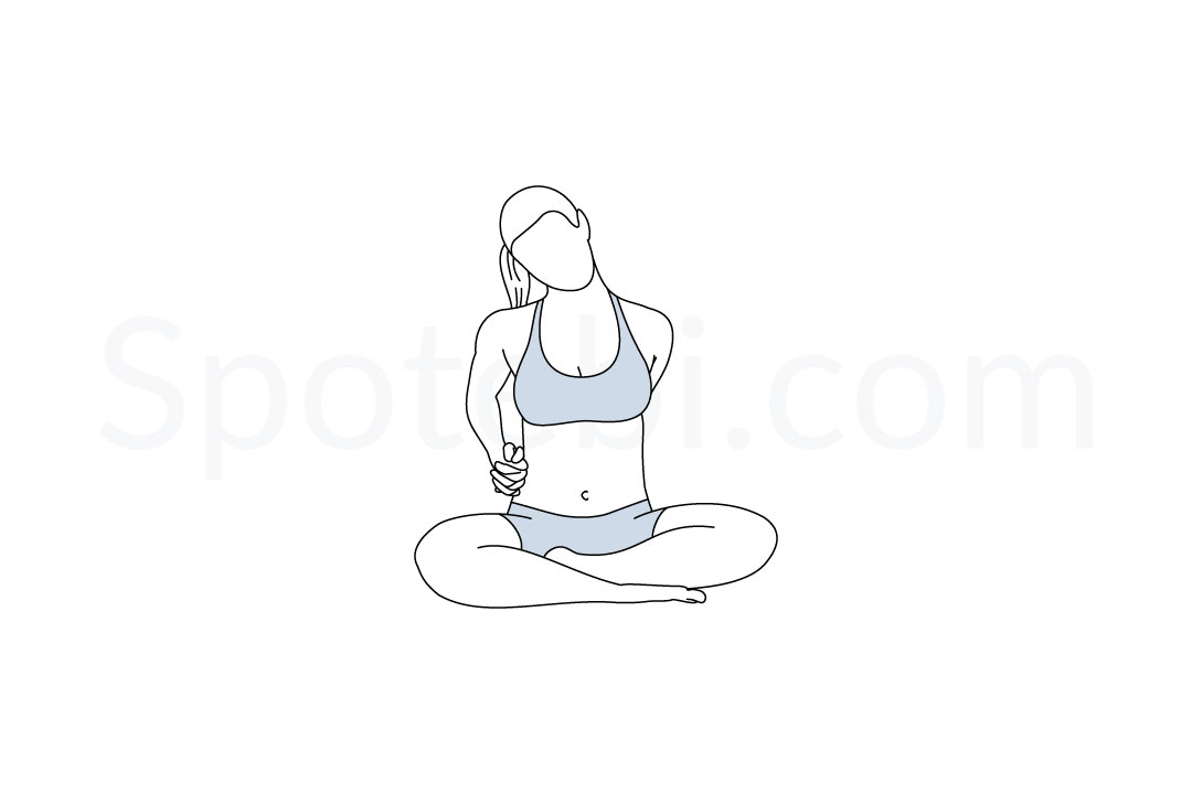 Easy pose with ear to shoulder stretch (Sukhasana) instructions, illustration, and mindfulness practice. Learn about preparatory, complementary and follow-up poses, and discover all health benefits. https://www.spotebi.com/exercise-guide/easy-pose-ear-shoulder-stretch/
