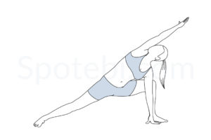 Extended side angle pose (Utthita Parsvakonasana) instructions, illustration, and mindfulness practice. Learn about preparatory, complementary and follow-up poses, and discover all health benefits. https://www.spotebi.com/exercise-guide/extended-side-angle-pose/