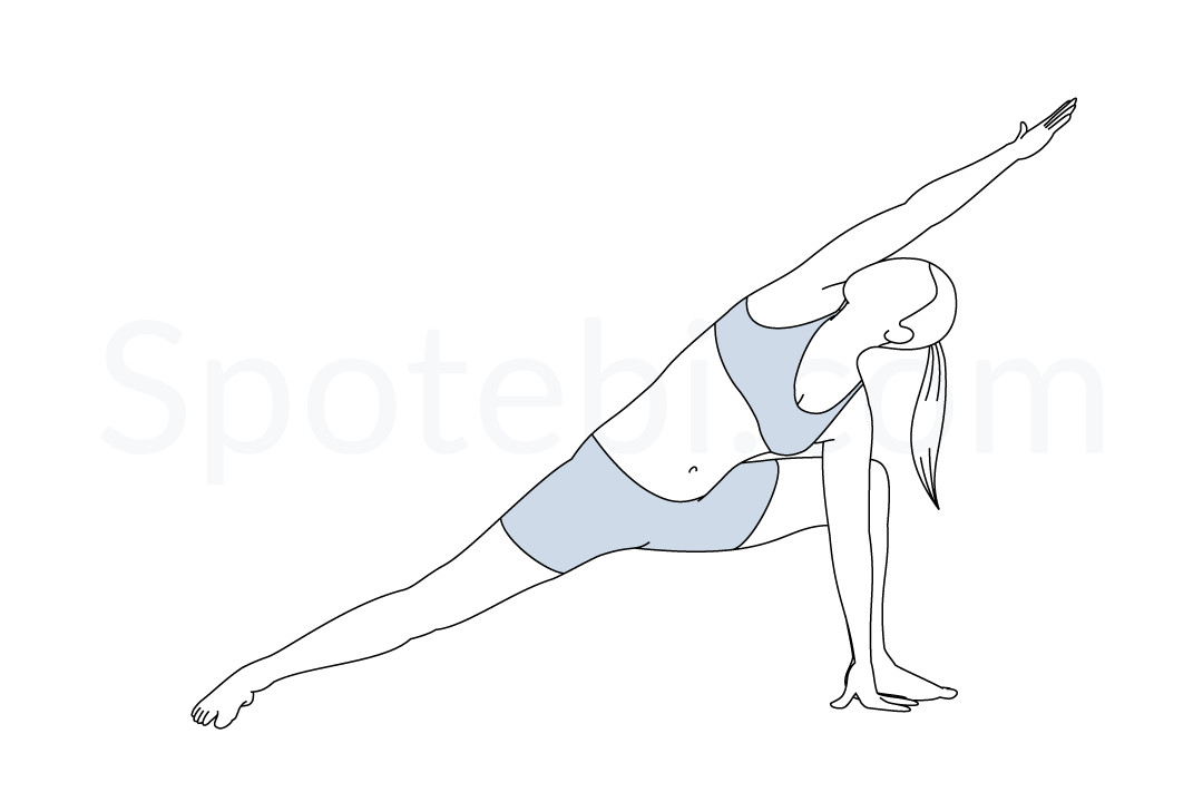 Extended side angle pose (Utthita Parsvakonasana) instructions, illustration, and mindfulness practice. Learn about preparatory, complementary and follow-up poses, and discover all health benefits. https://www.spotebi.com/exercise-guide/extended-side-angle-pose/