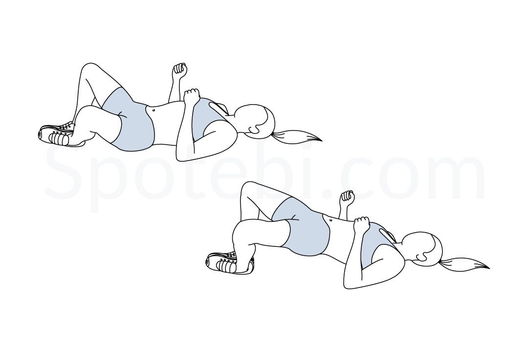 Frog bridge exercise guide with instructions, demonstration, calories burned and muscles worked. Learn proper form, discover all health benefits and choose a workout. https://www.spotebi.com/exercise-guide/frog-bridge/