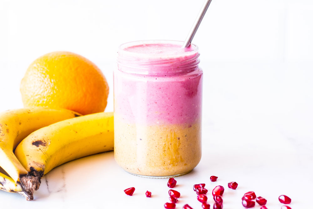 This Ginger & Pomegranate Immunity Booster Smoothie is a beautiful and healthy breakfast recipe that can help give your immune system a boost, especially during flu season. https://www.spotebi.com/recipes/ginger-pomegranate-immunity-booster-smoothie/