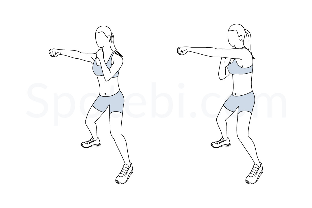 Half squat jab cross exercise guide with instructions, demonstration, calories burned and muscles worked. Learn proper form, discover all health benefits and choose a workout. https://www.spotebi.com/exercise-guide/half-squat-jab-cross/