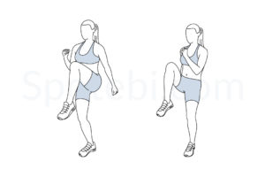 High knees exercise guide with instructions, demonstration, calories burned and muscles worked. Learn proper form, discover all health benefits and choose a workout. https://www.spotebi.com/exercise-guide/high-knees/