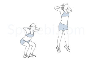 Jump squat exercise guide with instructions, demonstration, calories burned and muscles worked. Learn proper form, discover all health benefits and choose a workout. https://www.spotebi.com/exercise-guide/jump-squat/