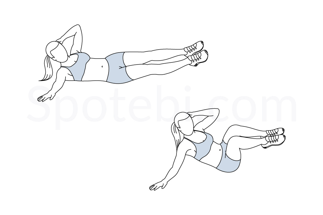 Oblique crunch exercise guide with instructions, demonstration, calories burned and muscles worked. Learn proper form, discover all health benefits and choose a workout. https://www.spotebi.com/exercise-guide/oblique-crunch/