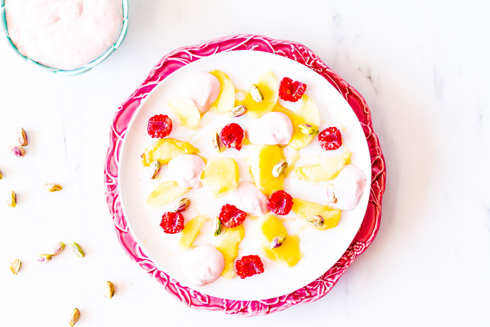 Celebrate summer with this fresh and light Peach & Pistachio Fruit Salad with Raspberry Mascarpone! This creamy dressing enhances flavors and takes this fruit salad to a whole new level. https://www.spotebi.com/recipes/peach-pistachio-fruit-salad-raspberry-mascarpone/