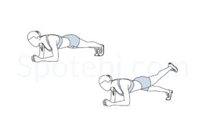 Plank leg lifts exercise guide with instructions, demonstration, calories burned and muscles worked. Learn proper form, discover all health benefits and choose a workout. https://www.spotebi.com/exercise-guide/plank-leg-lifts/