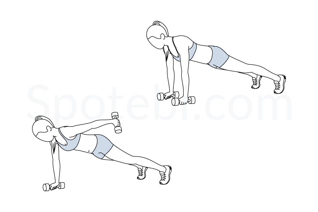 Plank straight arm kickback exercise guide with instructions, demonstration, calories burned and muscles worked. Learn proper form, discover all health benefits and choose a workout. https://www.spotebi.com/exercise-guide/plank-straight-arm-kickback/