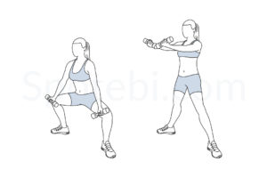 Plie squat scoop up exercise guide with instructions, demonstration, calories burned and muscles worked. Learn proper form, discover all health benefits and choose a workout. https://www.spotebi.com/exercise-guide/plie-squat-scoop-up/