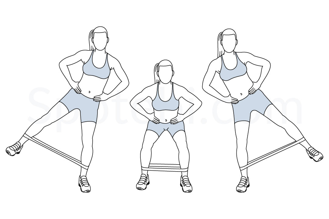 Squat band hip abduction exercise guide with instructions, demonstration, calories burned and muscles worked. Learn proper form, discover all health benefits and choose a workout. https://www.spotebi.com/exercise-guide/squat-band-hip-abduction/