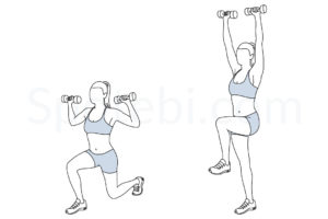 Reverse lunge shoulder press exercise guide with instructions, demonstration, calories burned and muscles worked. Learn proper form, discover all health benefits and choose a workout. https://www.spotebi.com/exercise-guide/reverse-lunge-shoulder-press/