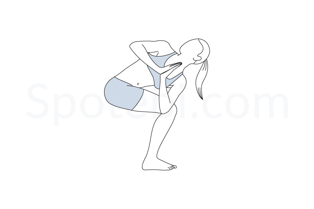 Revolved chair pose (Parivrtta Utkatasana) instructions, illustration, and mindfulness practice. Learn about preparatory, complementary and follow-up poses, and discover all health benefits. https://www.spotebi.com/exercise-guide/revolved-chair-pose/