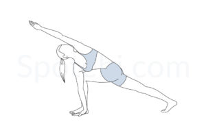 Revolved side angle pose (Parivrtta Parsvakonasana) instructions, illustration, and mindfulness practice. Learn about preparatory, complementary and follow-up poses, and discover all health benefits. https://www.spotebi.com/exercise-guide/revolved-side-angle-pose/