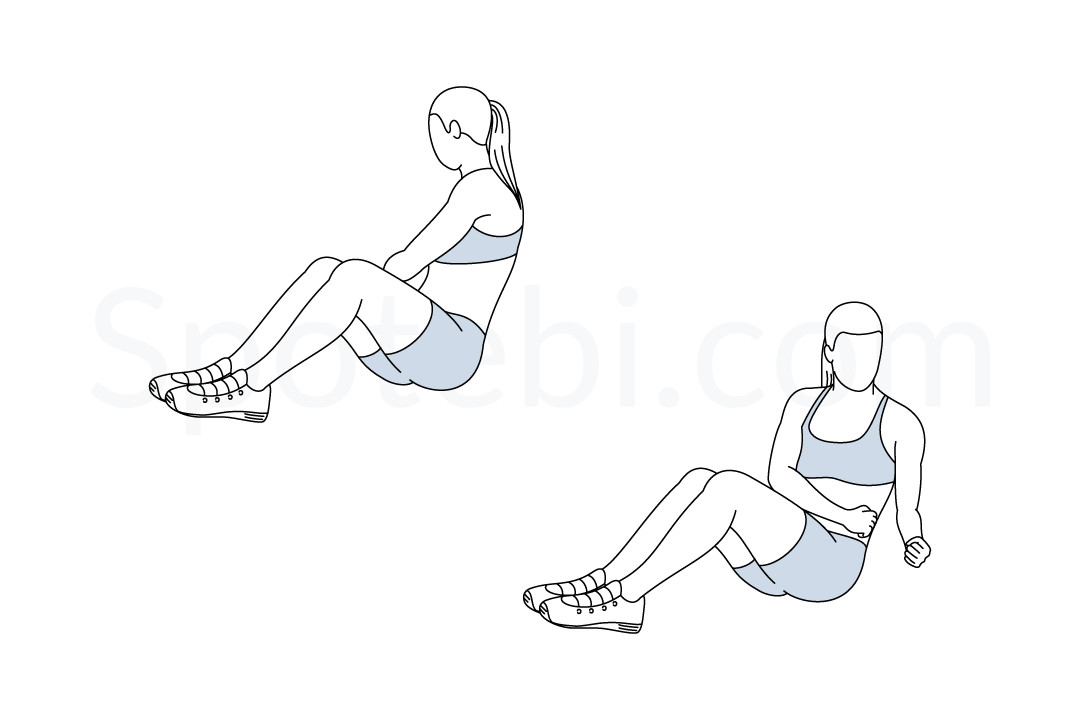 Russian twist exercise guide with instructions, demonstration, calories burned and muscles worked. Learn proper form, discover all health benefits and choose a workout. https://www.spotebi.com/exercise-guide/russian-twist/