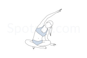 Seated side bend pose (Parsva Sukhasana) instructions, illustration and mindfulness practice. Learn about preparatory, complementary and follow-up poses, and discover all health benefits. https://www.spotebi.com/exercise-guide/parsva-sukhasana/